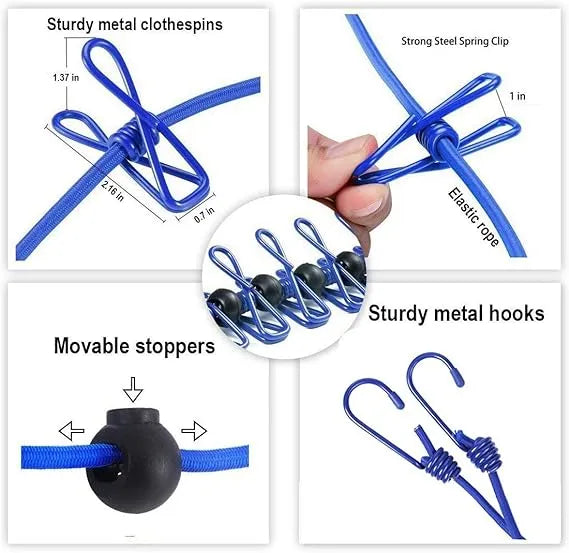 Portable Clothesline with 12pcs Clips, Retractable Elastic  Rope